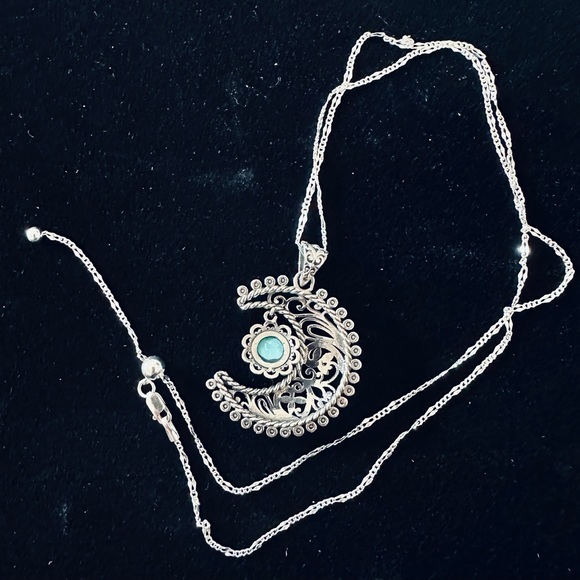 Genuine Blue Ridge Turquoise Crescent Moon SS Pendant on SS Chain Necklace NWT - Picture 9 of 12
